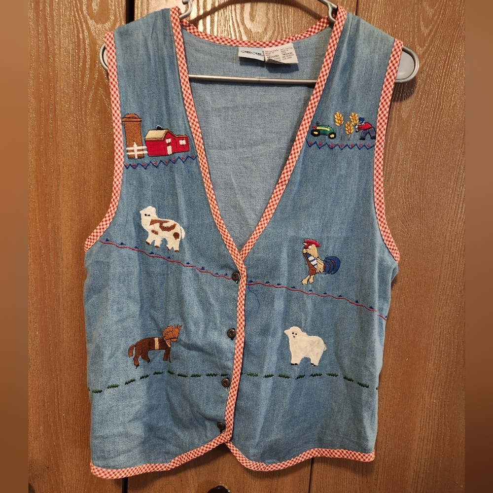 Vtg Cherokee Farm Theme Embroidered Farmcore Grannycore Denim Vest Women's M